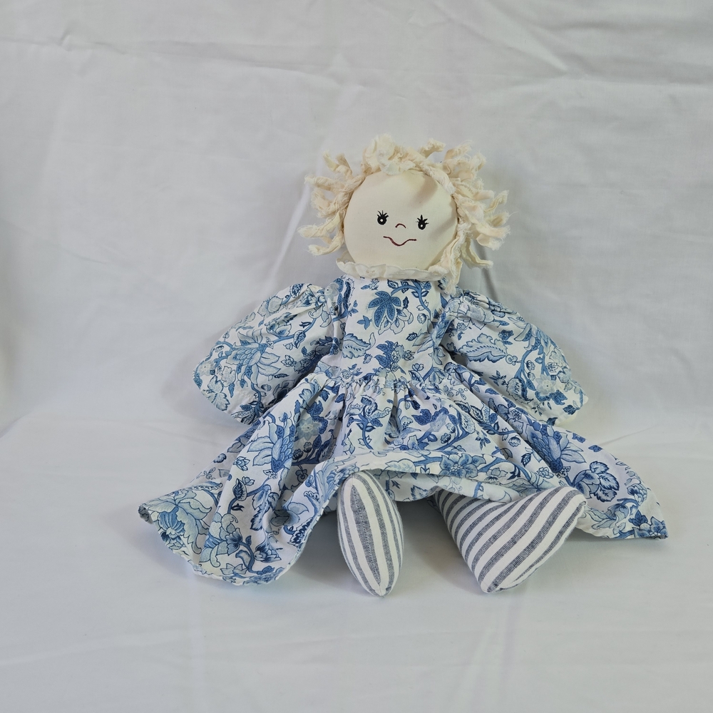 Charming Soft White Blue Floral Dress 17" Fabric Plush Rag‎ Doll Country Cottage